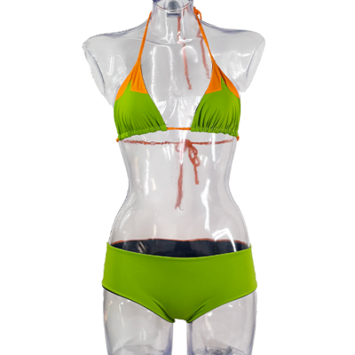 Three-color lime orange and black tringlet top with low-waisted culotte briefs and 50s shirring. Made from environmentally sustainable lycra