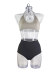 Saturno bikini moka sandal, moka sandal and back white sport triangle bikini and high-waisted bottom, a retro yet timeless piece of clothing suitable for large breasts.