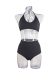 Saturno bikini moka sandal, moka sandal and back white sport triangle bikini and high-waisted bottom, a retro yet timeless piece of clothing suitable for large breasts.